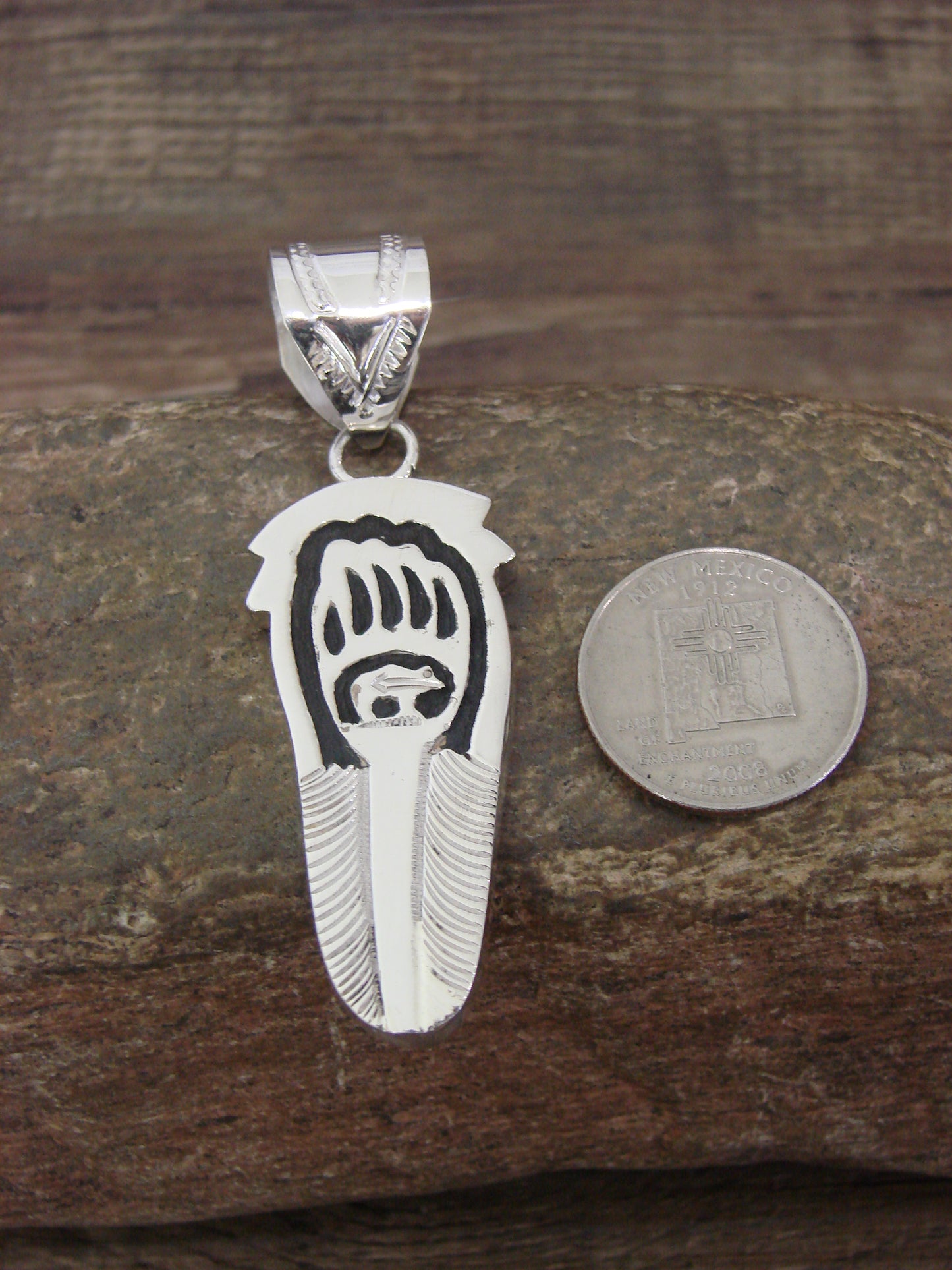 Native American Sterling Silver Feather & Bear Pendant Mariano