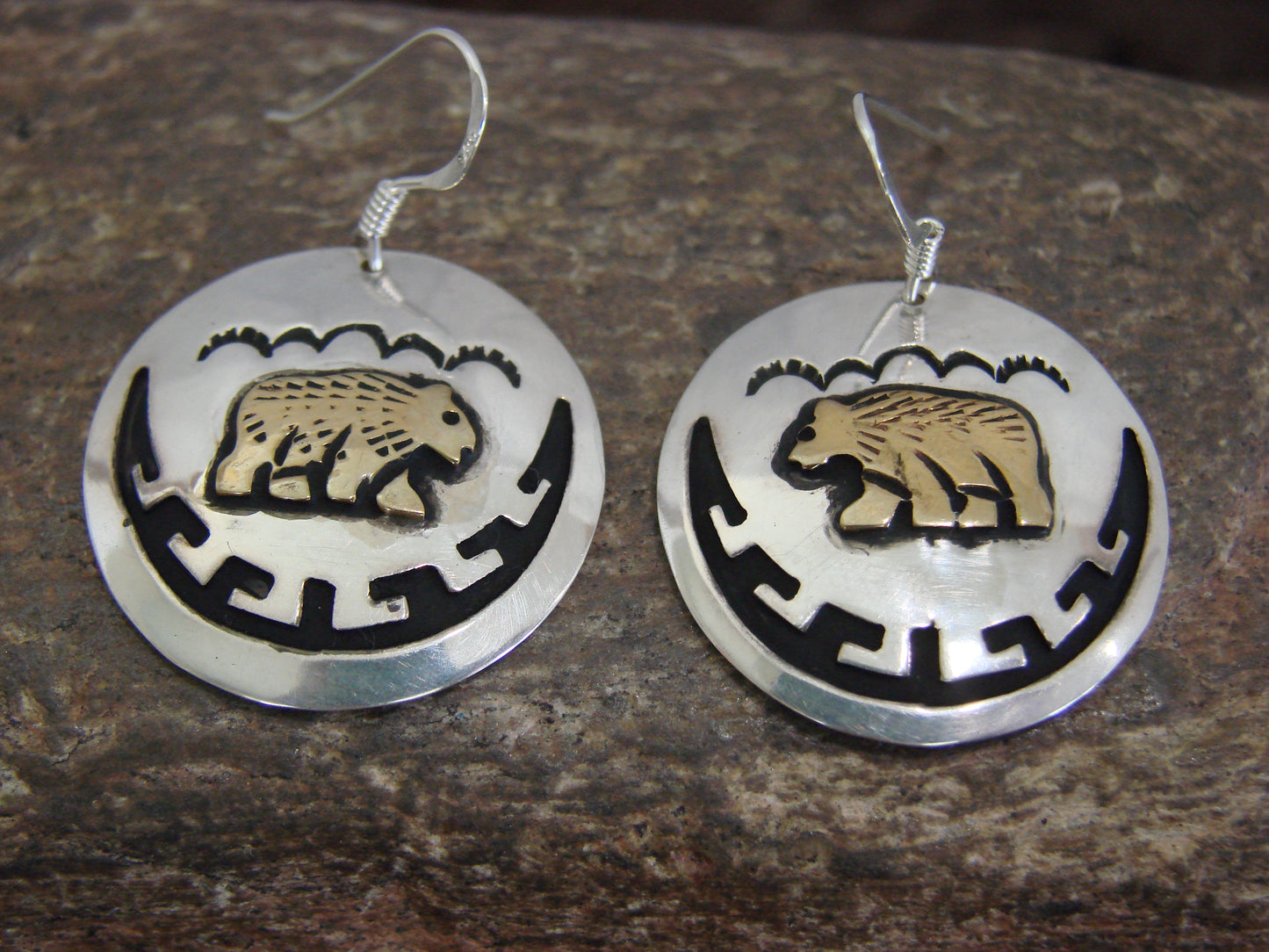 Native American Sterling Silver & Gold Fill Bear Dangle Earrings - Singer