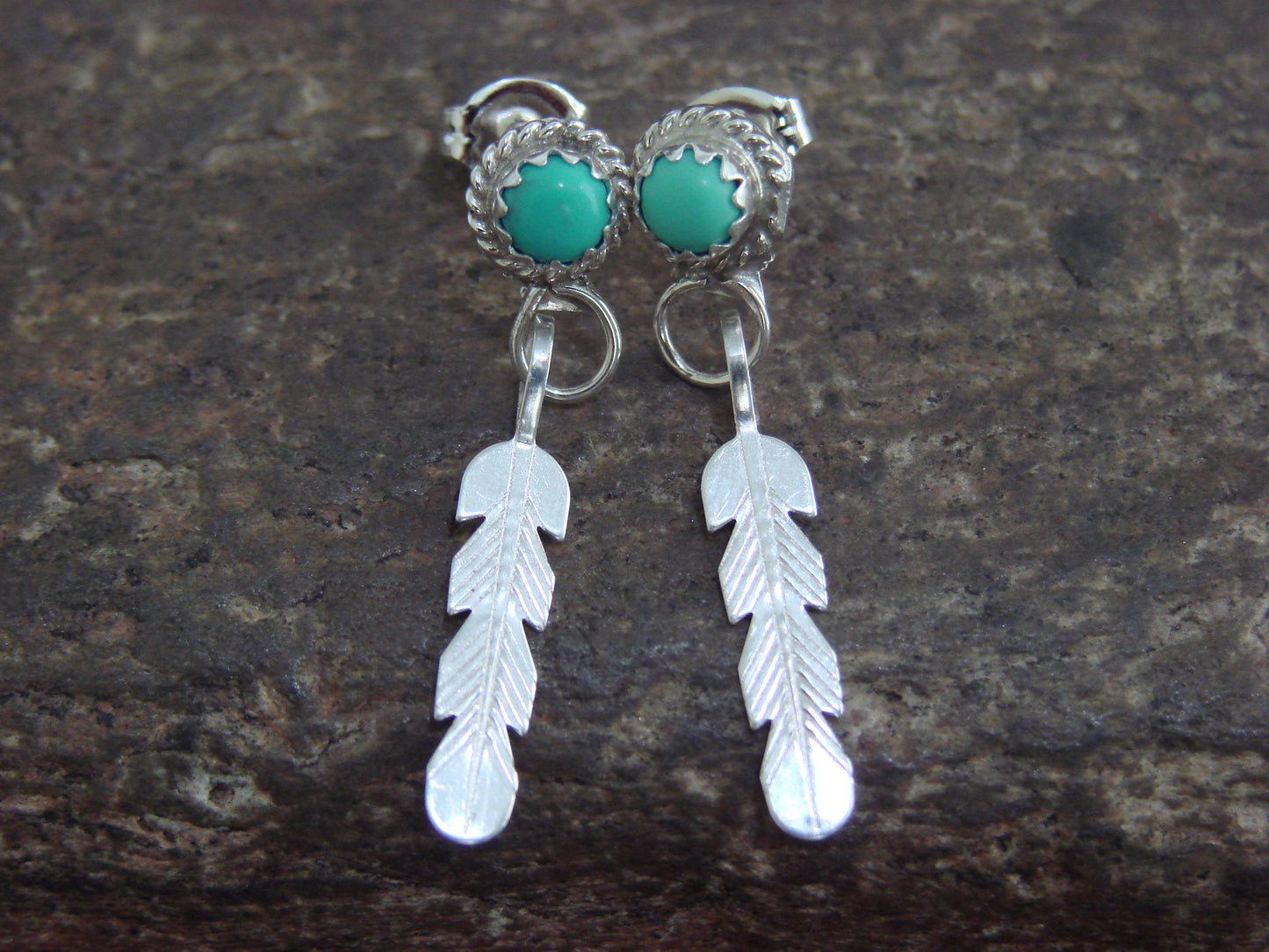 Native American Sterling Silver & Turquoise Feather Dangle Earrings by White