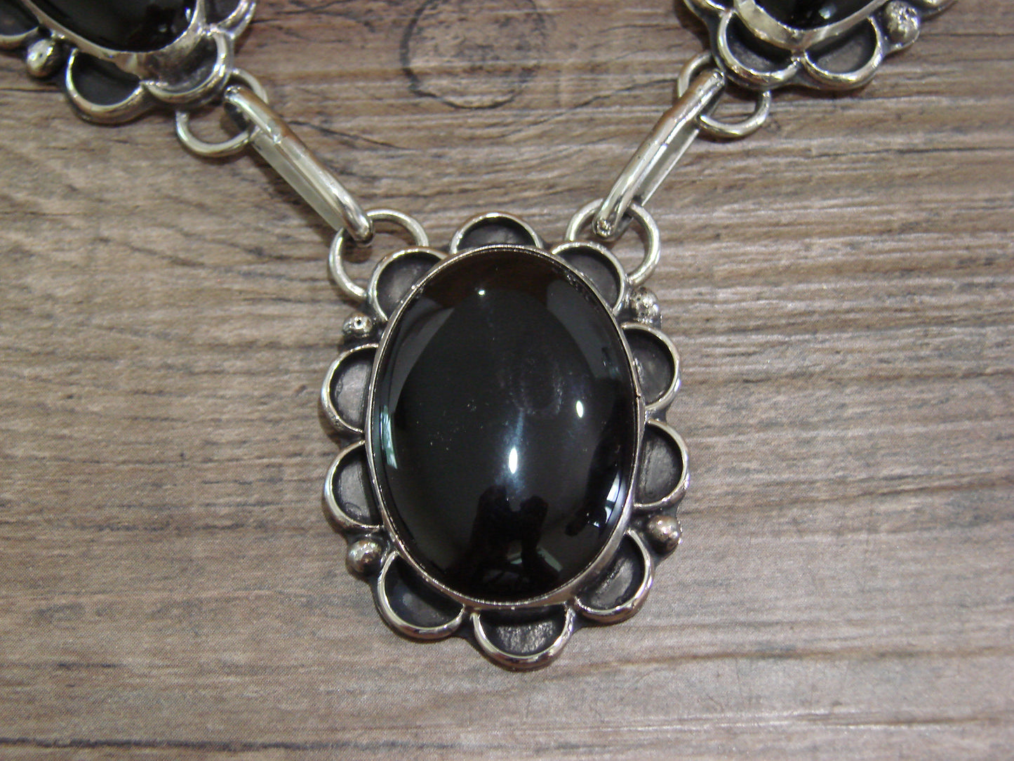 Navajo Indian Nickel Silver & Onyx Link Necklace Signed Cleveland