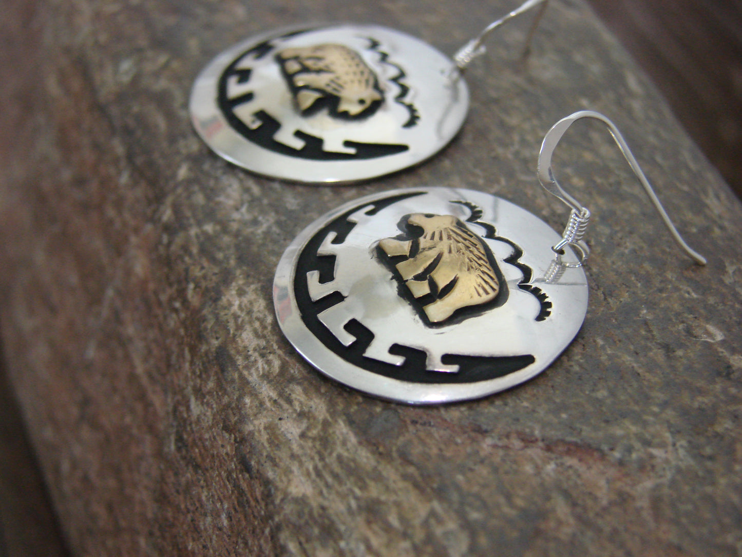 Native American Sterling Silver & Gold Fill Bear Dangle Earrings - Singer