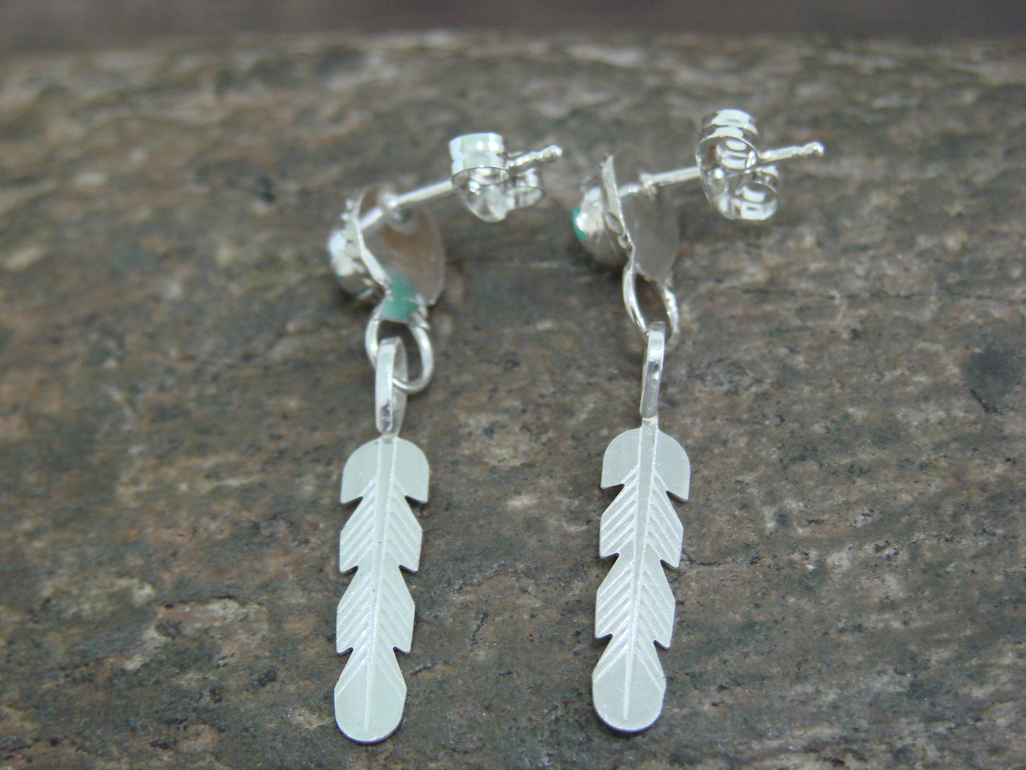 Native American Sterling Silver & Turquoise Feather Dangle Earrings by White