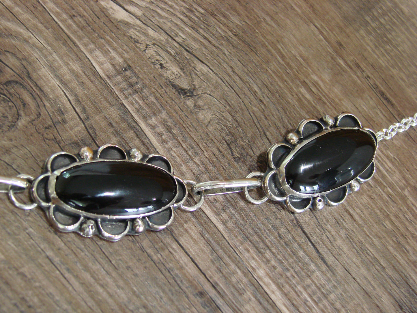 Navajo Indian Nickel Silver & Onyx Link Necklace Signed Cleveland