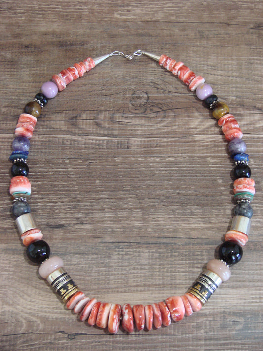 Native American Sterling Silver & Spiny Oyster 21" Gemstone Necklace by Singer