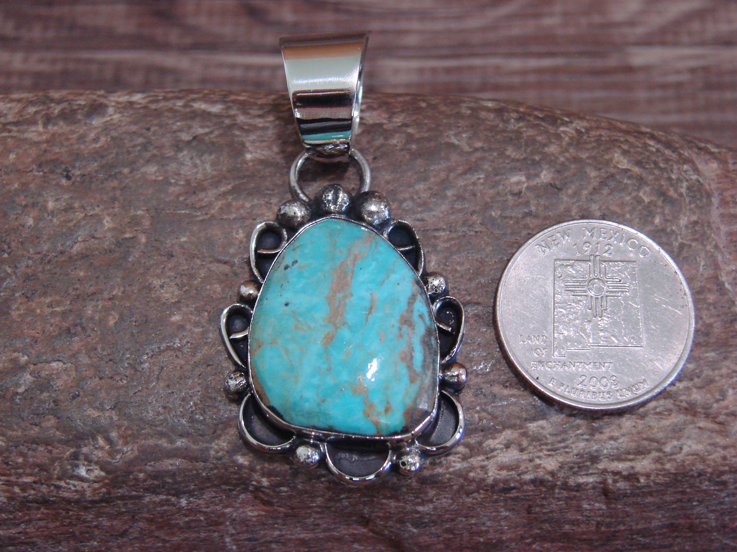 Native American Navajo Nickel Silver & Turquoise Pendant - Cleveland