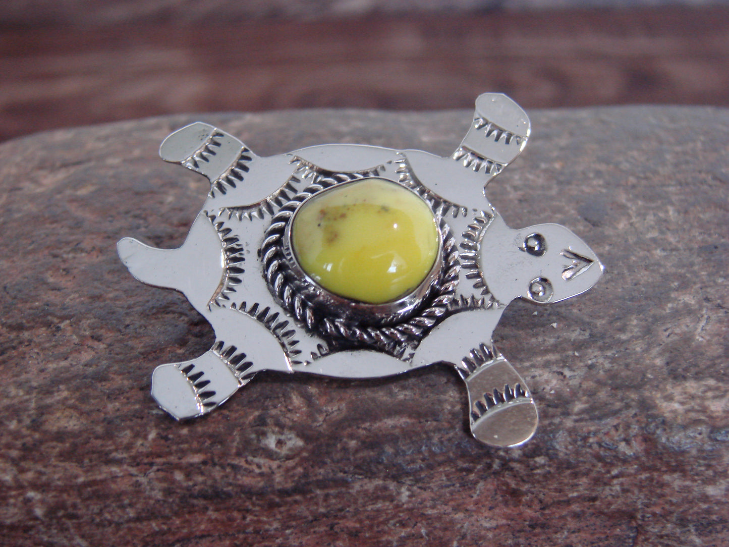 Native American Nickel Silver & Yellow Marble Turtle Pin - Cleveland