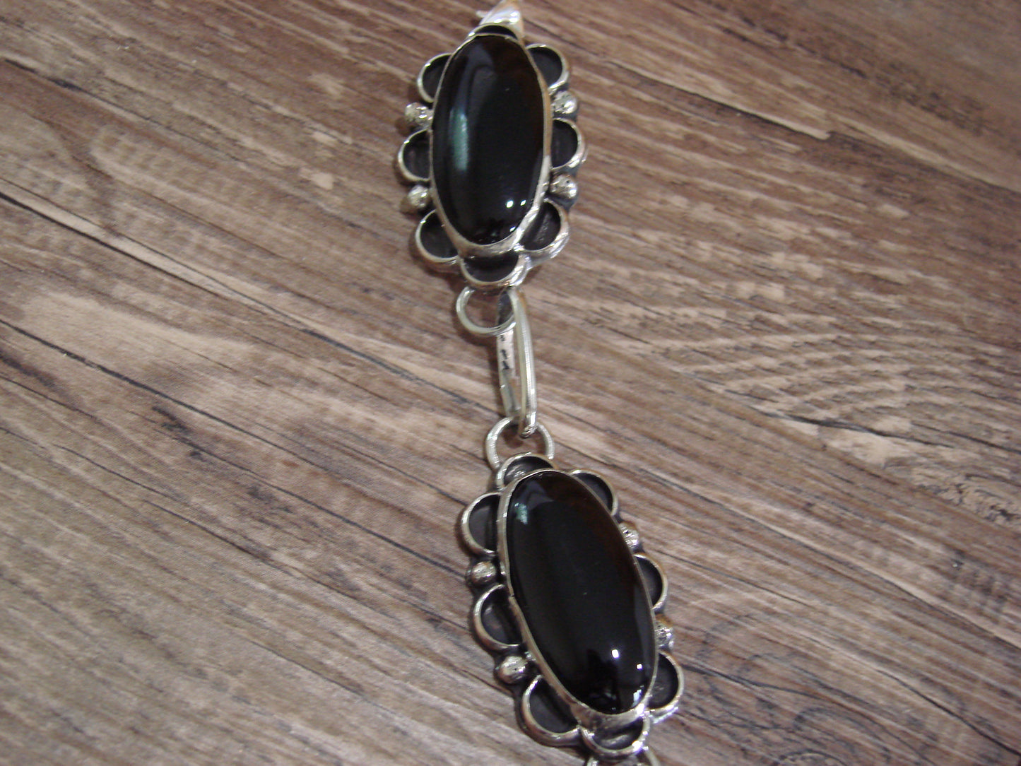 Navajo Indian Nickel Silver & Onyx Link Necklace Signed Cleveland