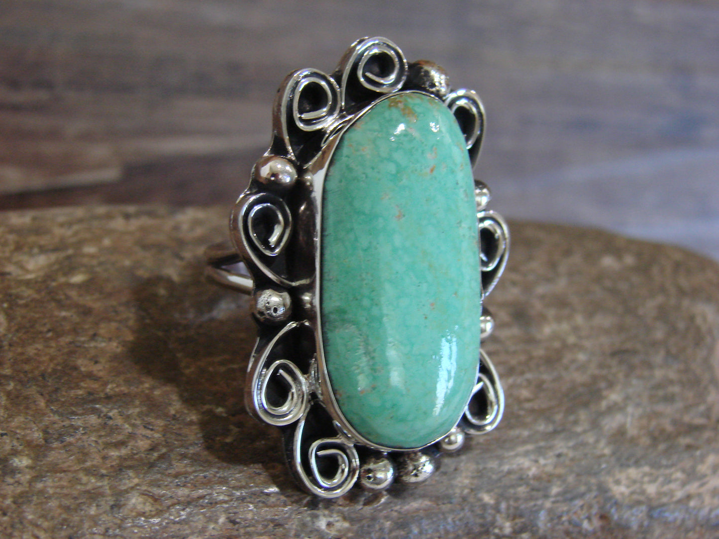 Native American Nickel Silver & Turquoise Ring by Cleveland - Size 10.5