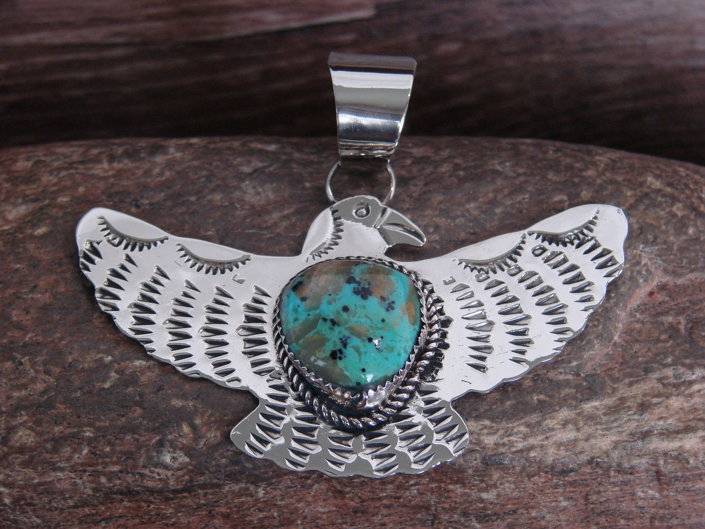 Native American Nickel Silver & Turquoise Eagle Pendant - Cleveland