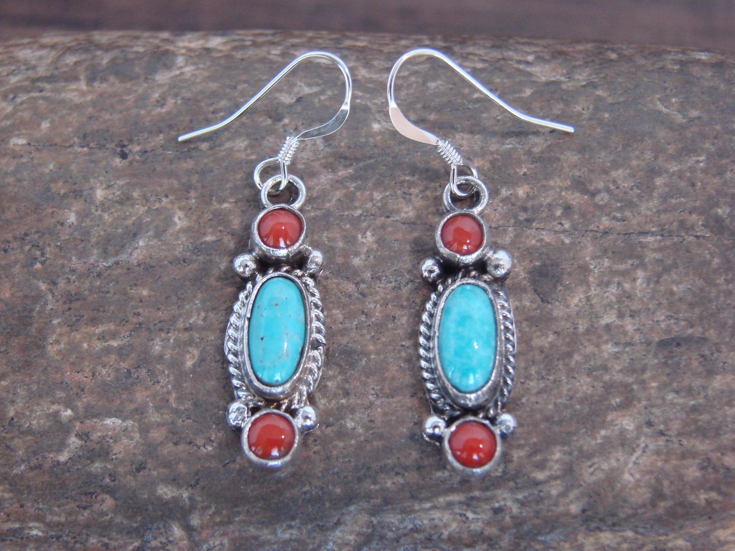 Native American Sterling Silver Turquoise & Coral Dangle Earrings by Betone