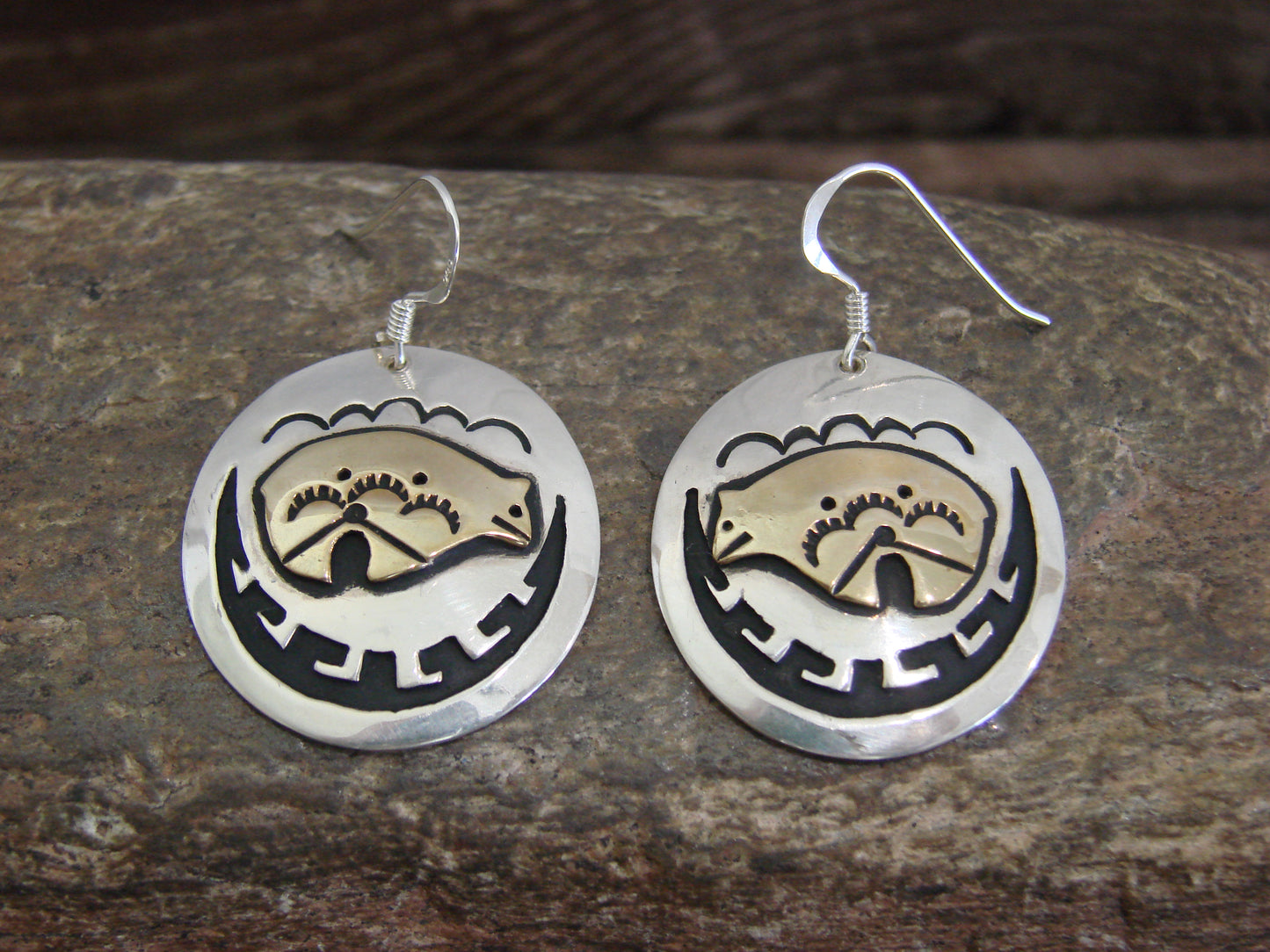 Native American Sterling Silver & Gold Fill Bear Dangle Earrings - Singer