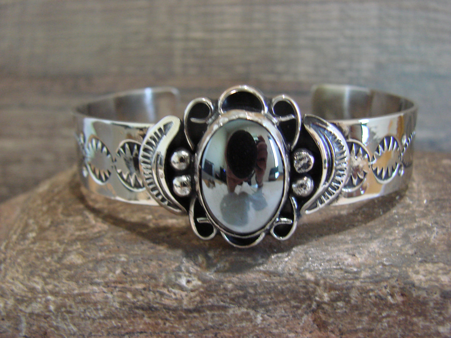 Navajo Indian Nickel Silver & Hematite Bracelet by Cleveland