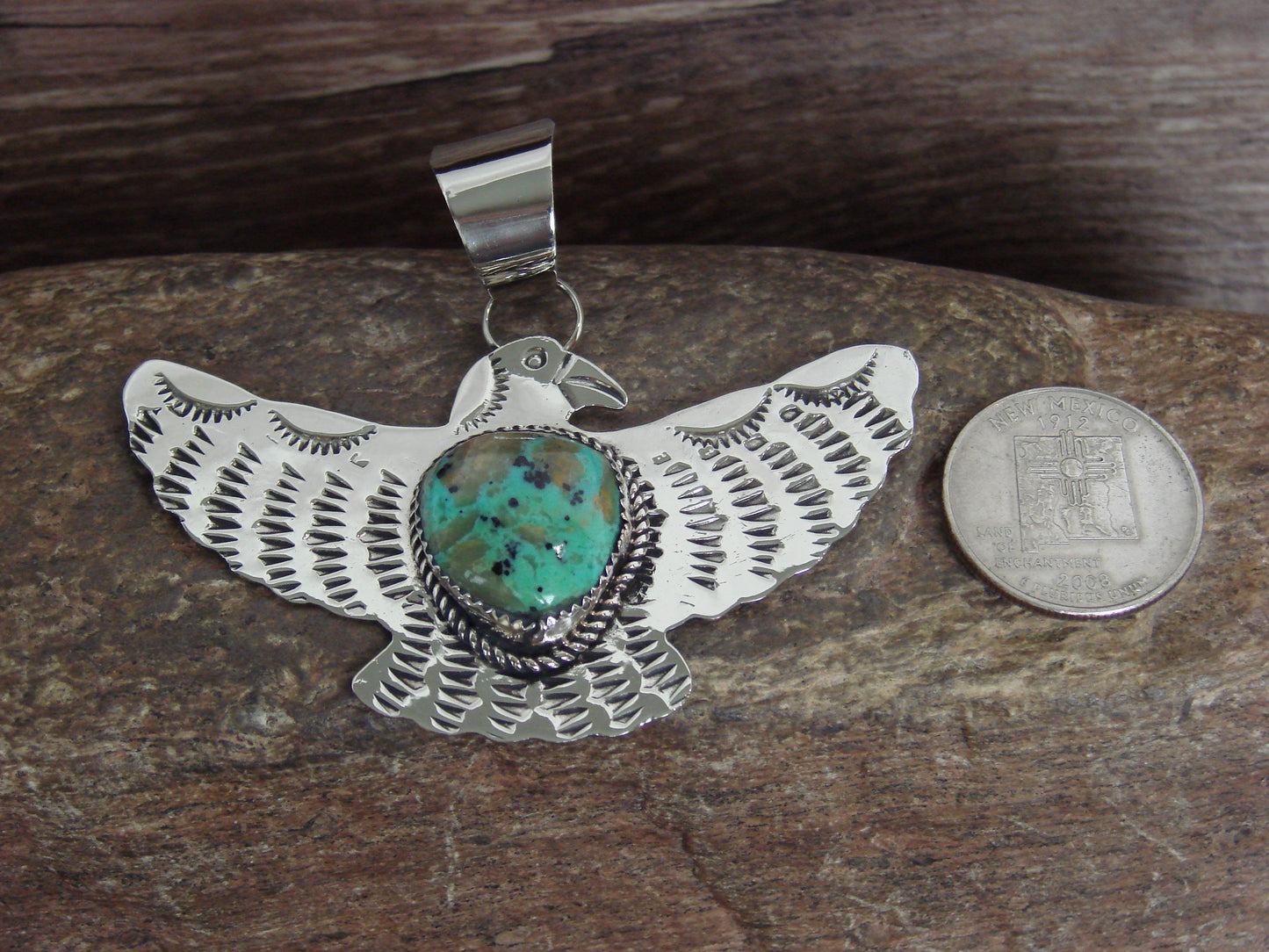 Native American Nickel Silver & Turquoise Eagle Pendant - Cleveland