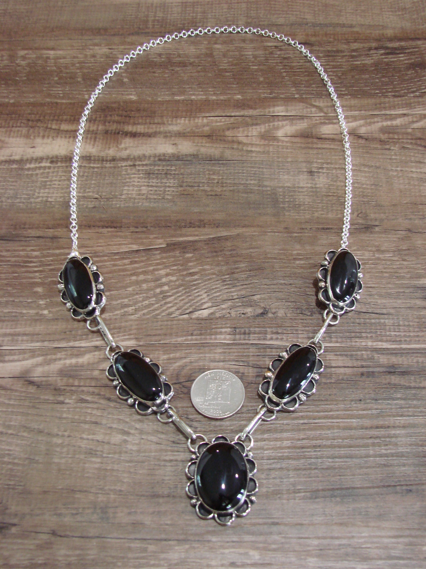 Navajo Indian Nickel Silver & Onyx Link Necklace Signed Cleveland