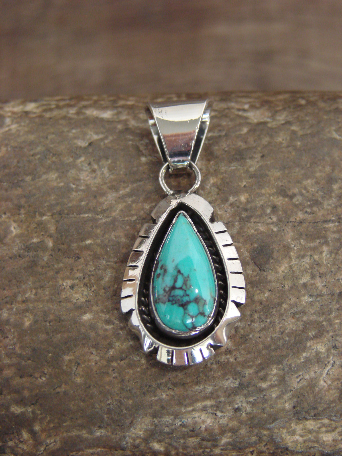 Native American Sterling Silver & Turquoise Shadowbox Pendant - Begay