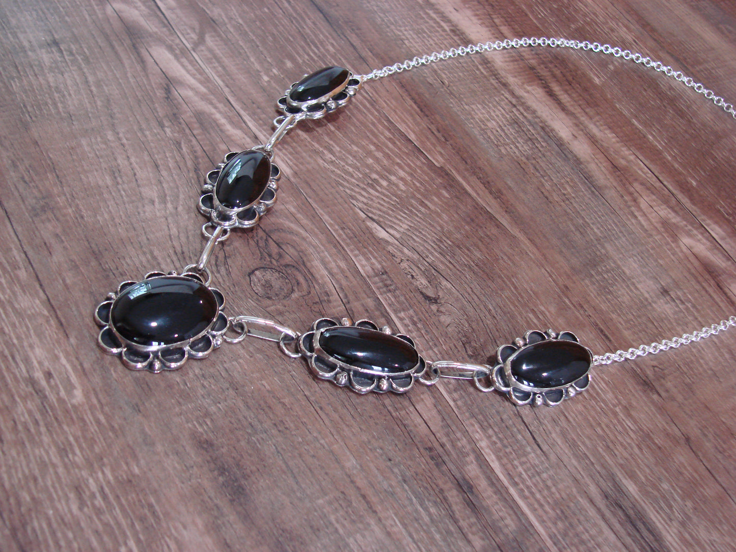 Navajo Indian Nickel Silver & Onyx Link Necklace Signed Cleveland