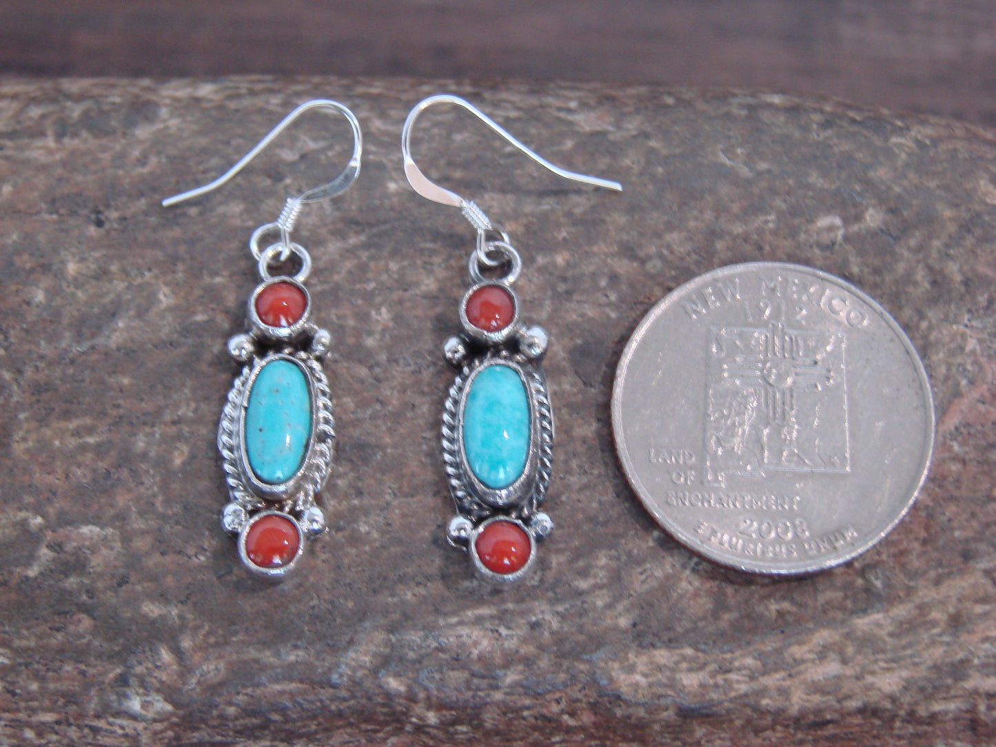 Native American Sterling Silver Turquoise & Coral Dangle Earrings by Betone