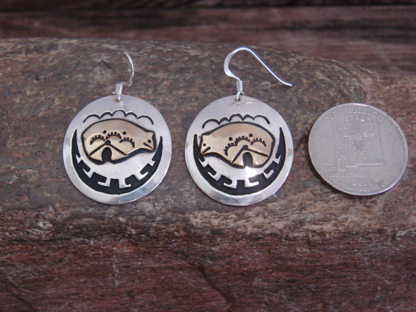 Native American Sterling Silver & Gold Fill Bear Dangle Earrings - Singer