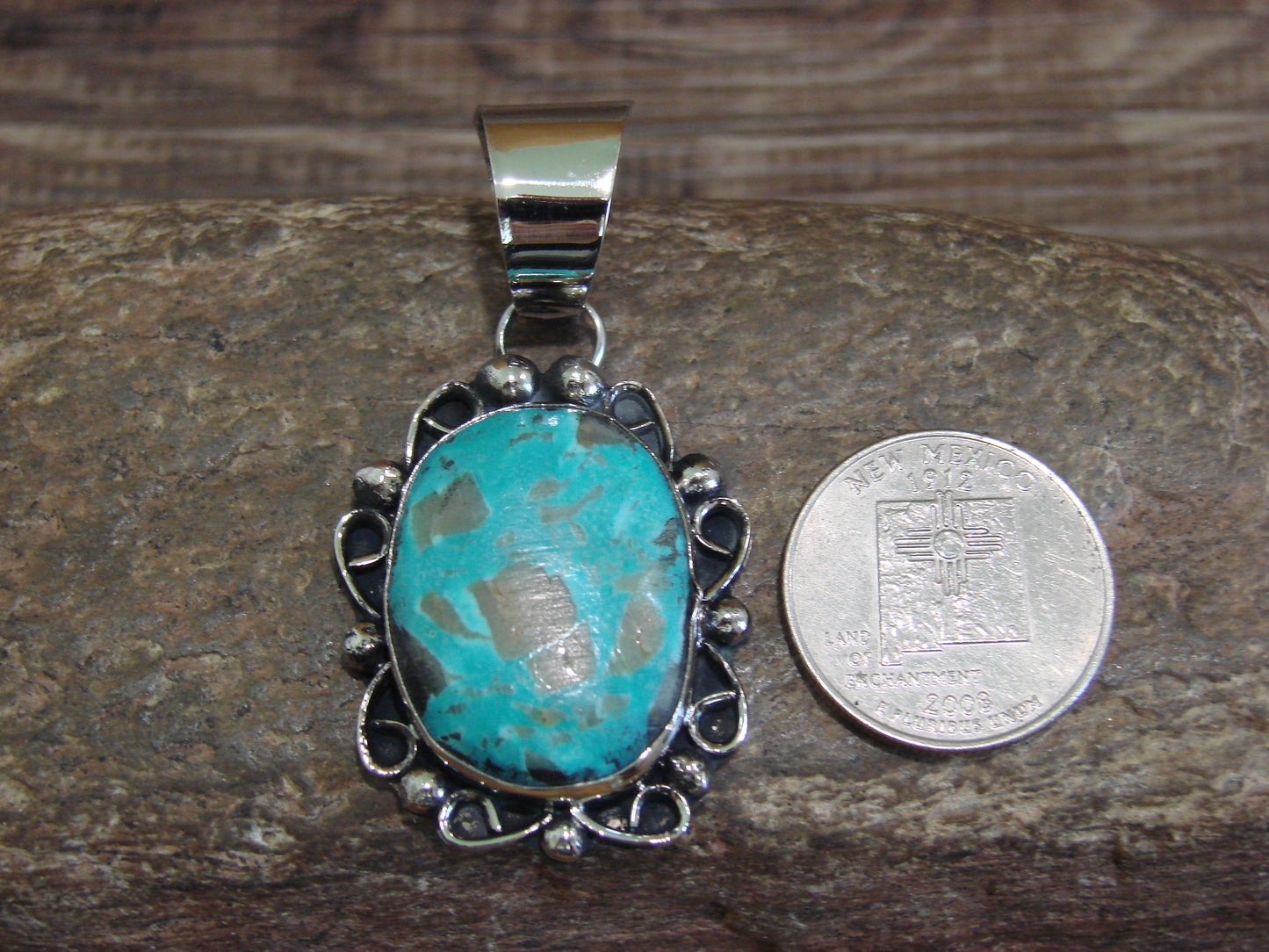 Native American Navajo Nickel Silver & Turquoise Pendant - Cleveland