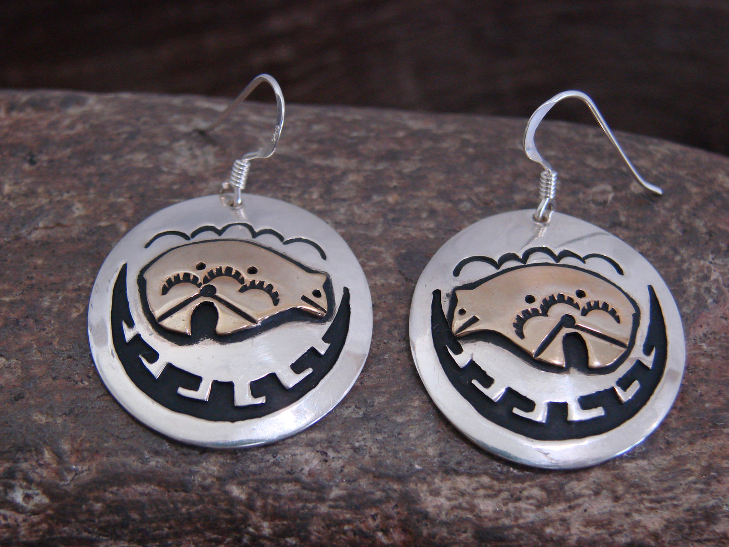 Native American Sterling Silver & Gold Fill Bear Dangle Earrings - Singer