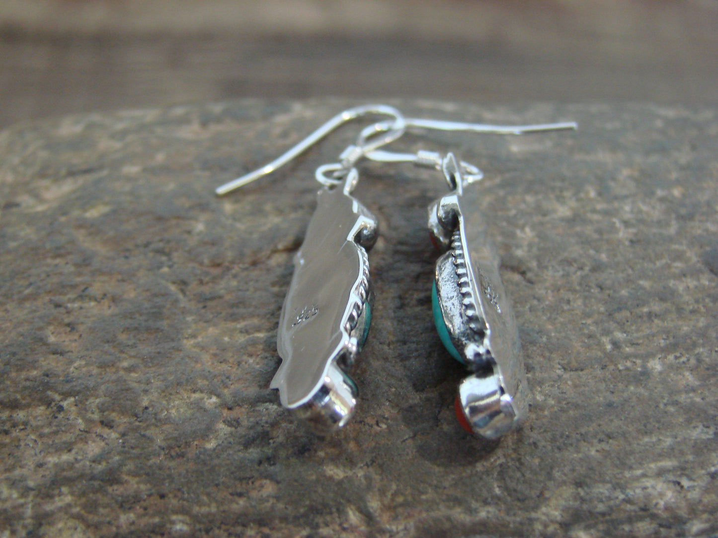 Native American Sterling Silver Turquoise & Coral Dangle Earrings by Betone