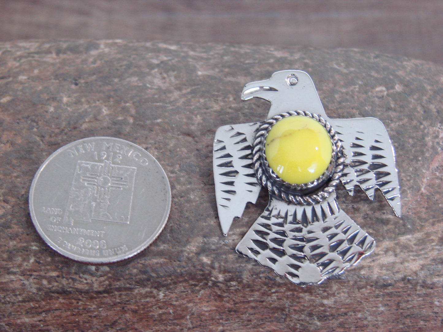 Native American Nickel Silver & Yellow Marble Thunderbird Pin - Cleveland