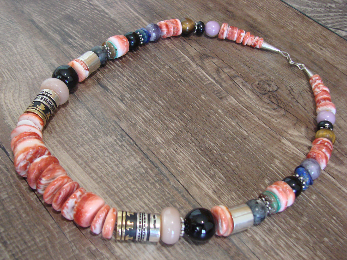 Native American Sterling Silver & Spiny Oyster 21" Gemstone Necklace by Singer