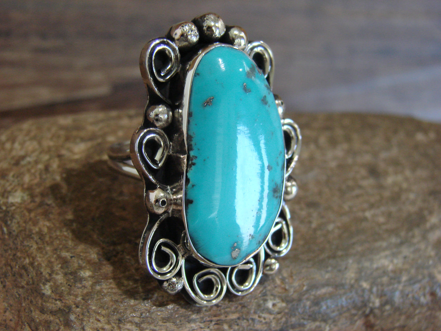 Native American Nickel Silver & Turquoise Ring by Cleveland - Size 10.5