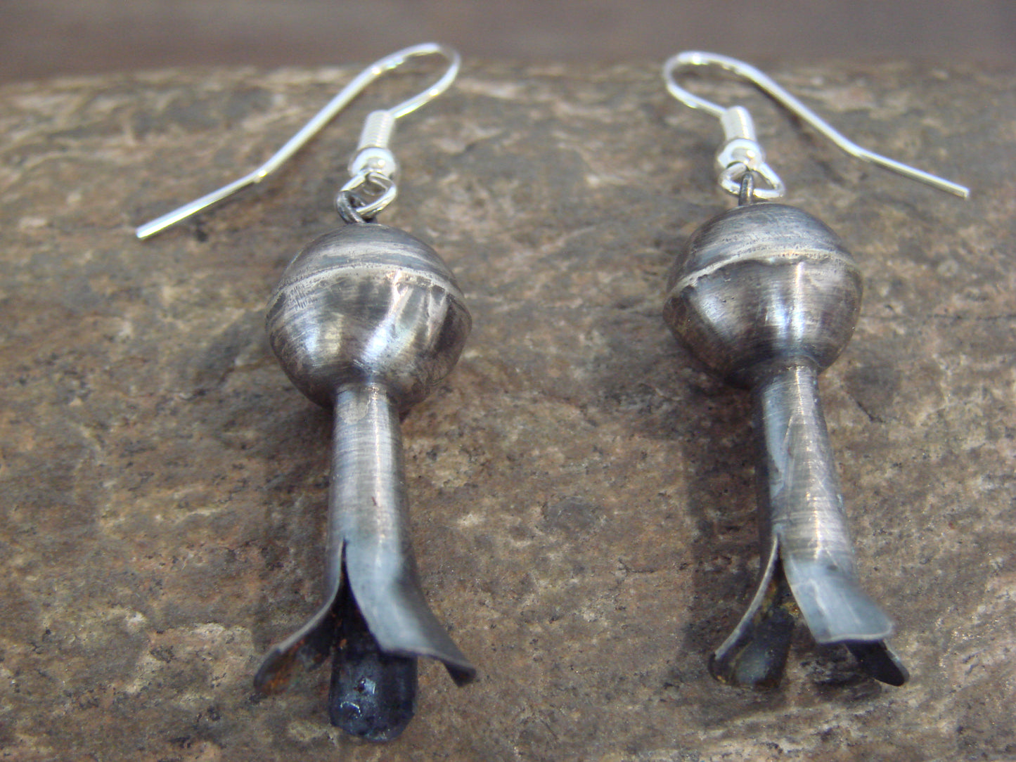 Native American Sterling Silver Squash Blossom Dangle Earrings - Tsosie