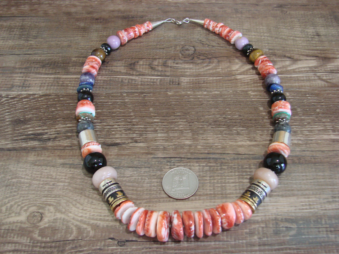 Native American Sterling Silver & Spiny Oyster 21" Gemstone Necklace by Singer