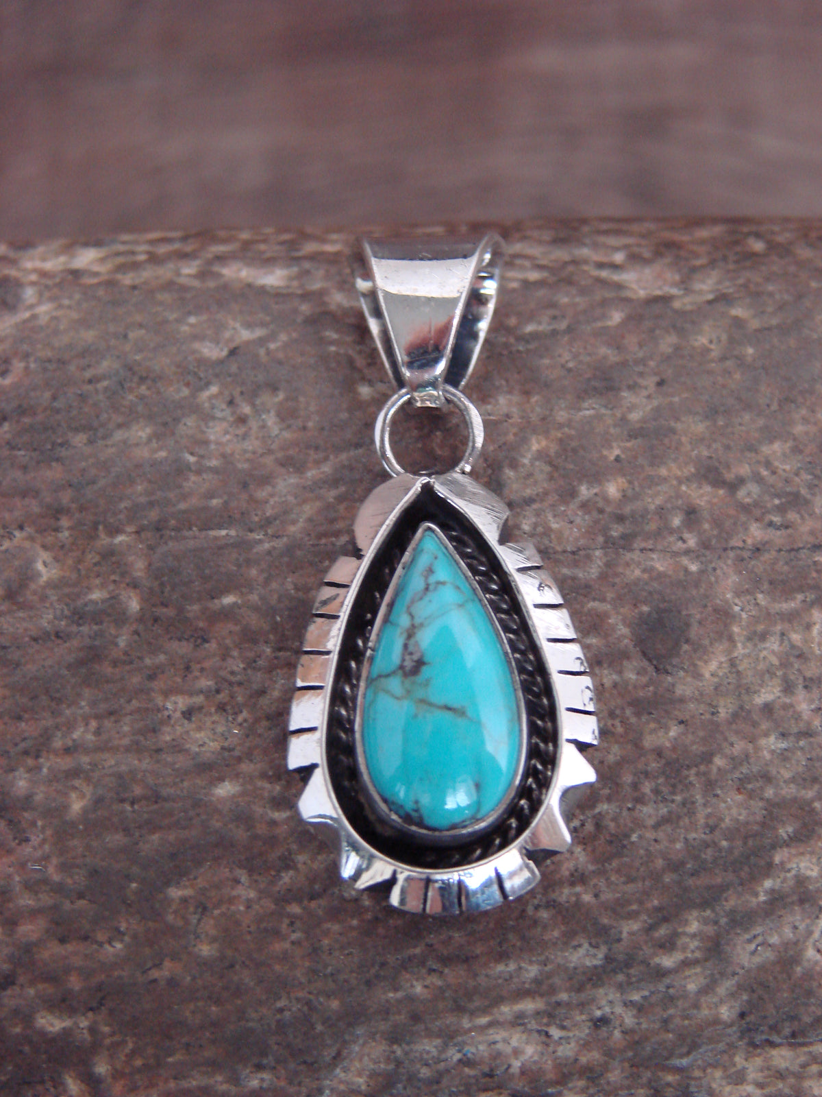 Native American Sterling Silver & Turquoise Shadowbox Pendant - Begay
