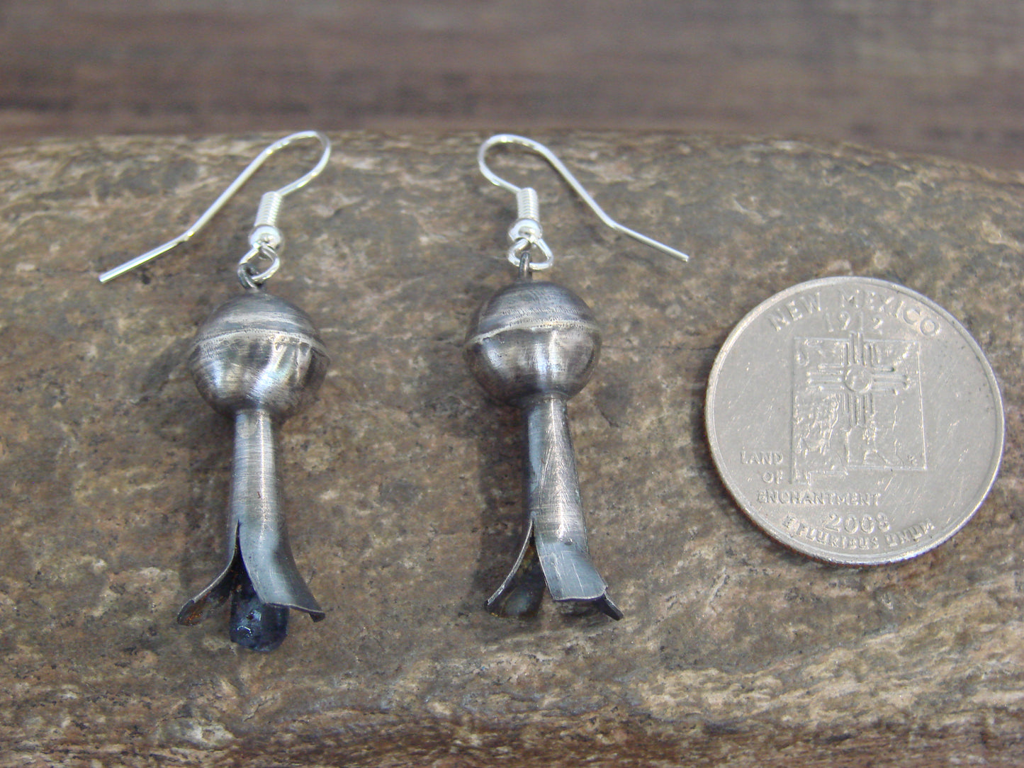 Native American Sterling Silver Squash Blossom Dangle Earrings - Tsosie