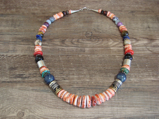 Native American Sterling Silver & Spiny Oyster 21" Gemstone Necklace by Singer