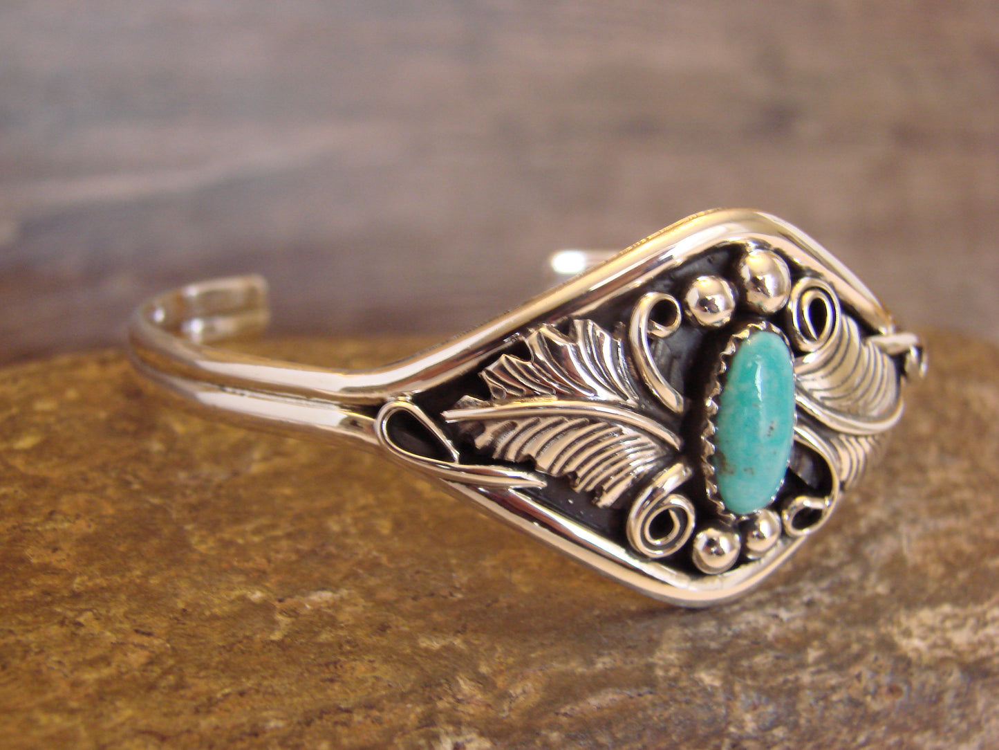 Small Native American Sterling Silver & Turquoise Feather Bracelet Yazzie