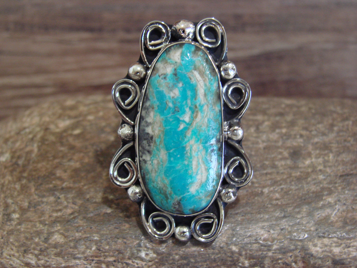 Native American Nickel Silver & Turquoise Ring by Cleveland - Size 10