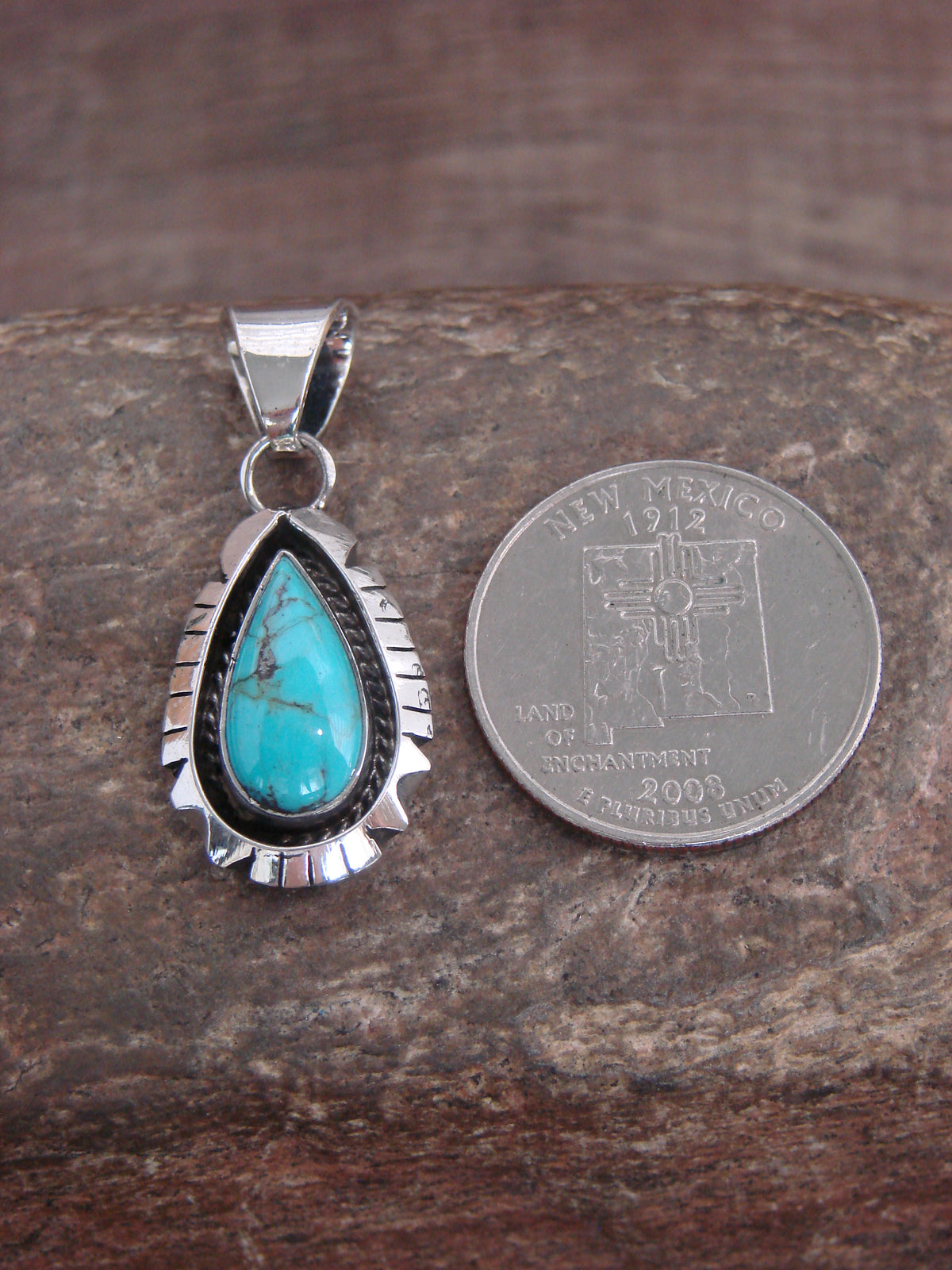 Native American Sterling Silver & Turquoise Shadowbox Pendant - Begay