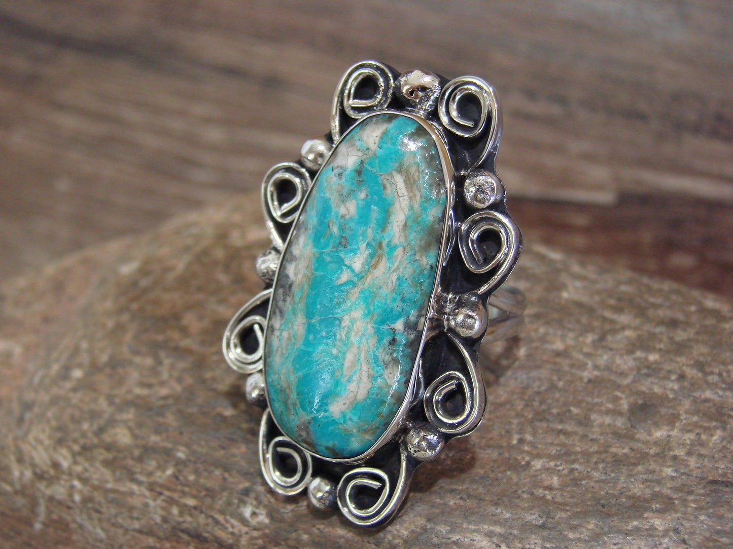 Native American Nickel Silver & Turquoise Ring by Cleveland - Size 10