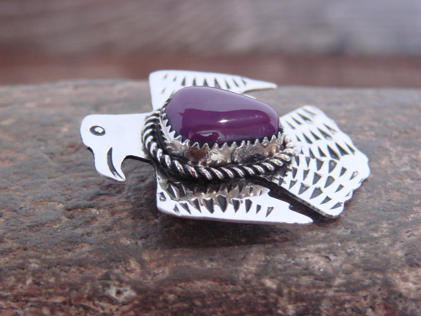 Native American Nickel Silver & Purple Spiny Oyster Thunderbird Pin - Cleveland