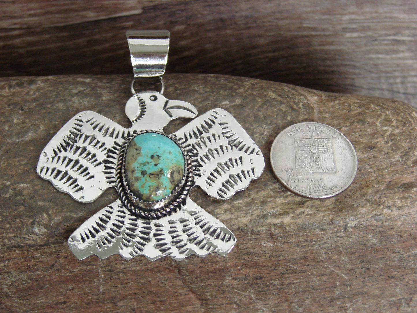 Native American Nickel Silver & Turquoise Thunderbird Pendant - Cleveland