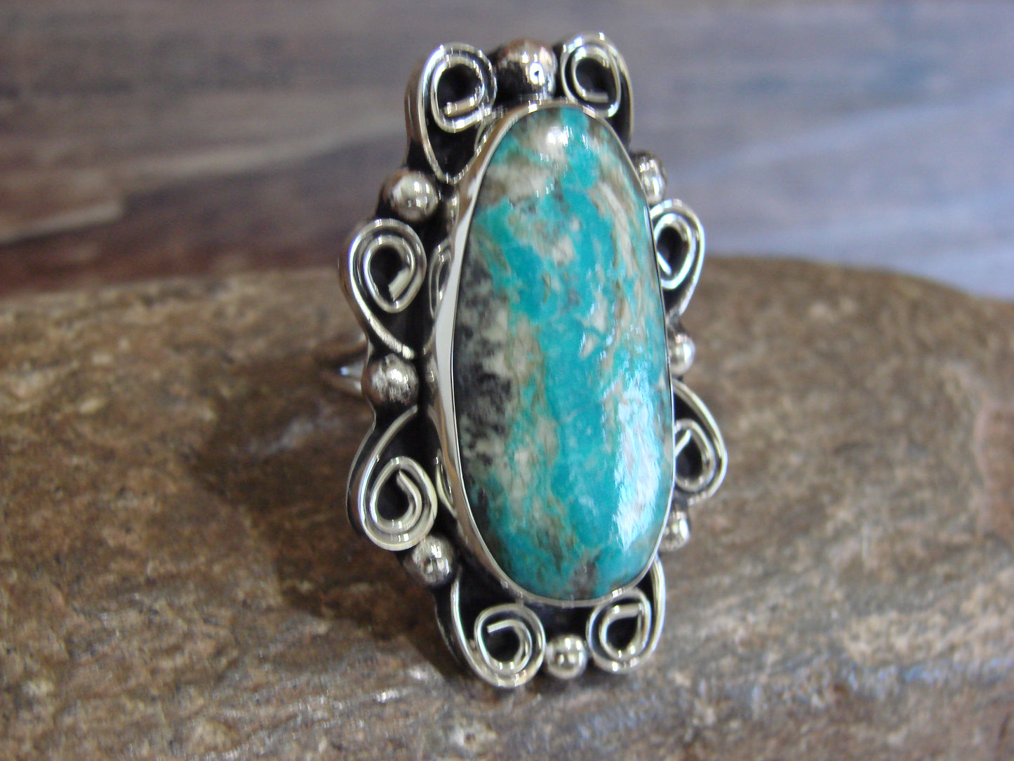 Native American Nickel Silver & Turquoise Ring by Cleveland - Size 10