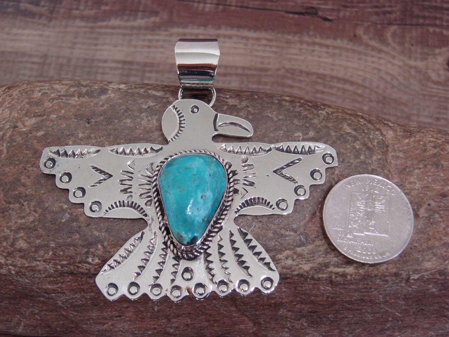 Native American Nickel Silver & Turquoise Eagle Pendant - Cleveland