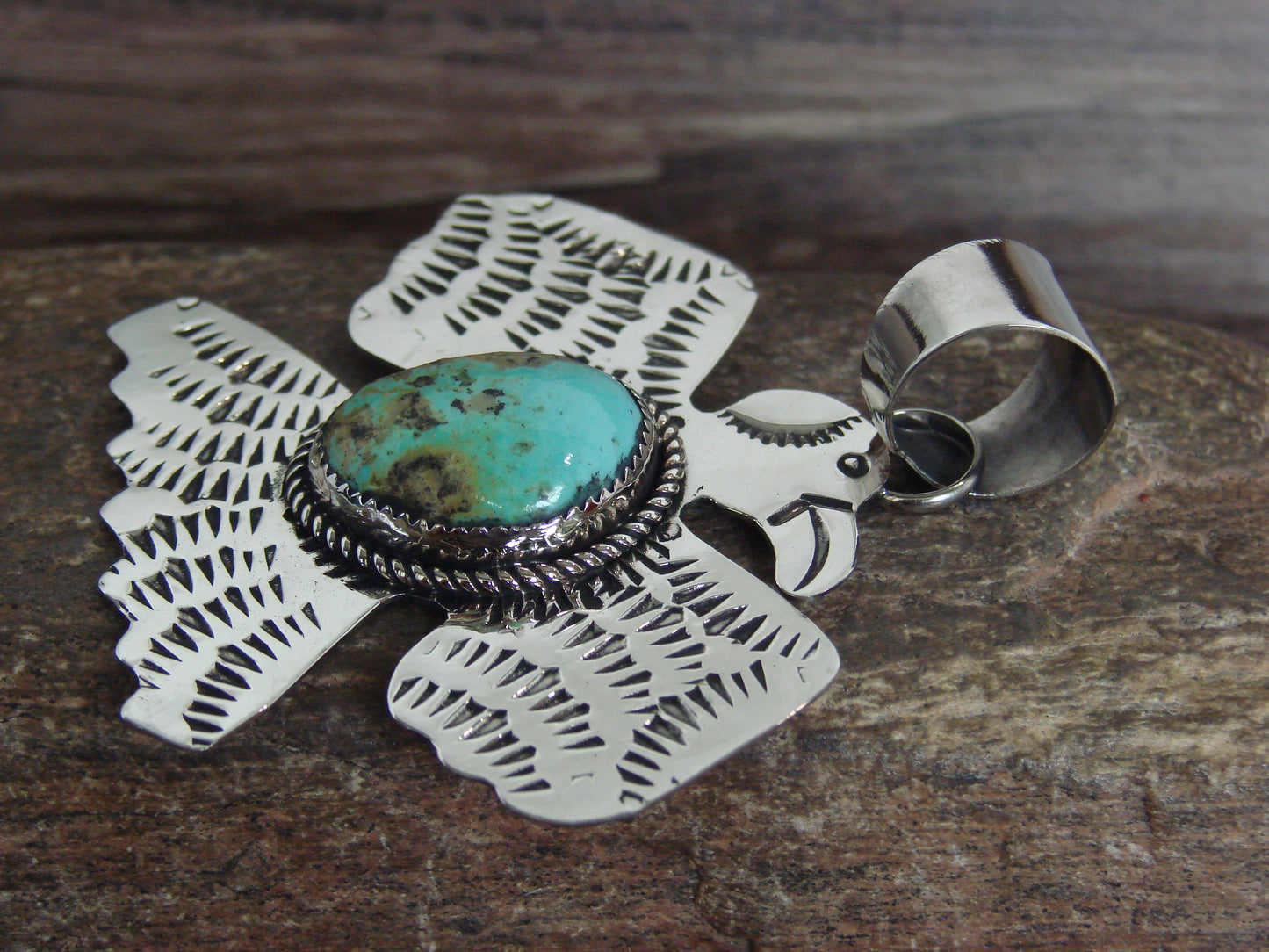 Native American Nickel Silver & Turquoise Thunderbird Pendant - Cleveland