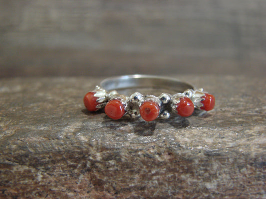 Native American Sterling Silver Coral Row Ring by Laate - Size 7