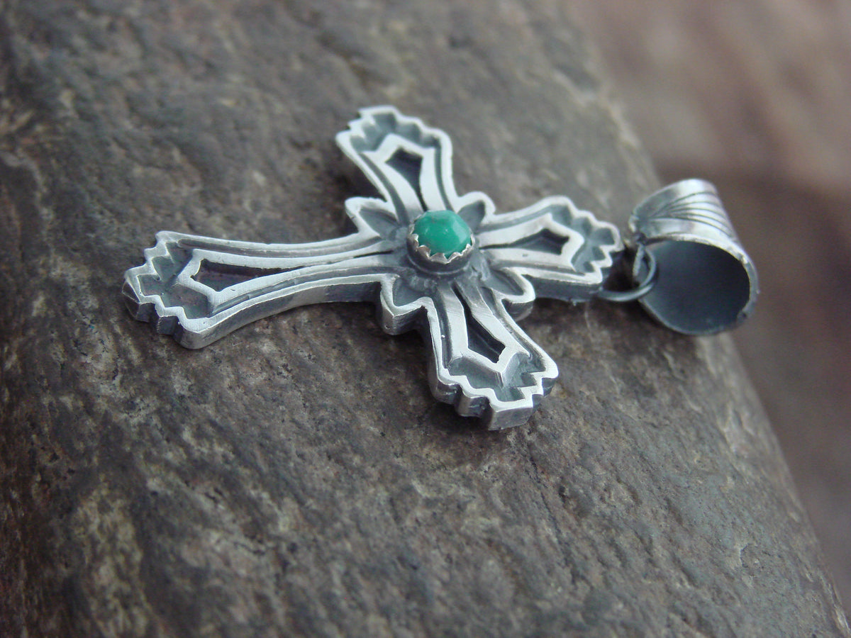 Native American Sterling Silver & Turquoise Cross Pendant - Martinez