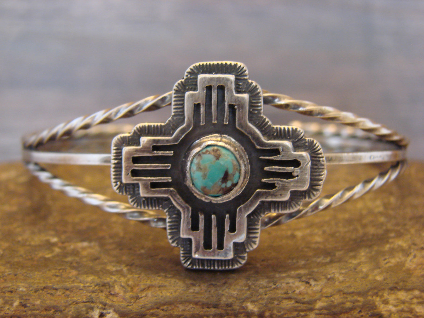Native American Sterling Silver & Turquoise Zia Bracelet by Gordon