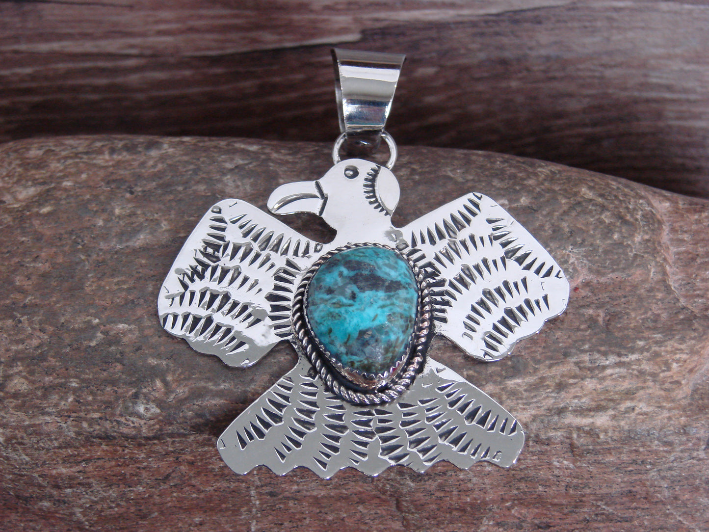 Native American Nickel Silver & Turquoise Thunderbird Pendant - Cleveland