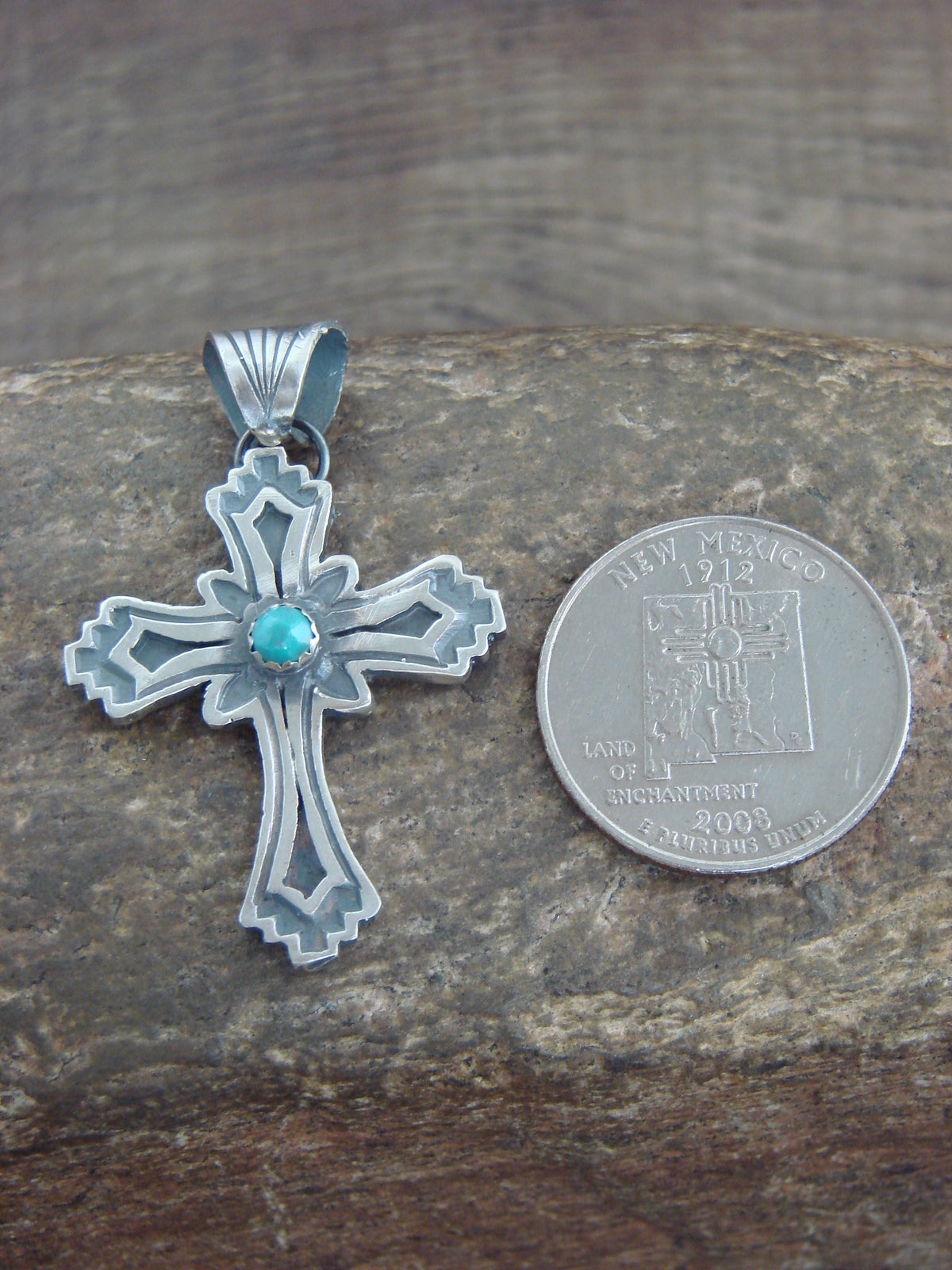 Native American Sterling Silver & Turquoise Cross Pendant - Martinez