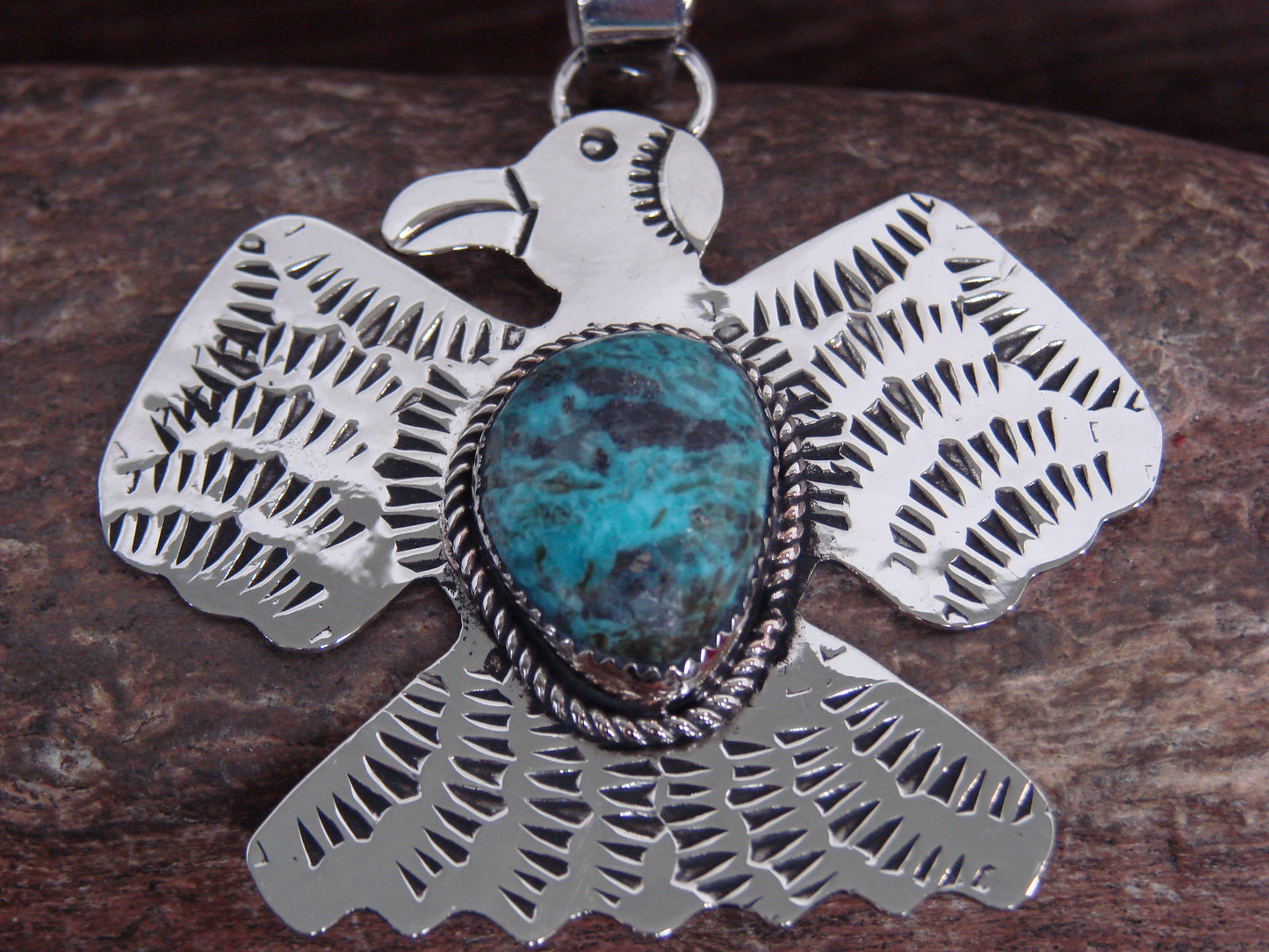 Native American Nickel Silver & Turquoise Thunderbird Pendant - Cleveland