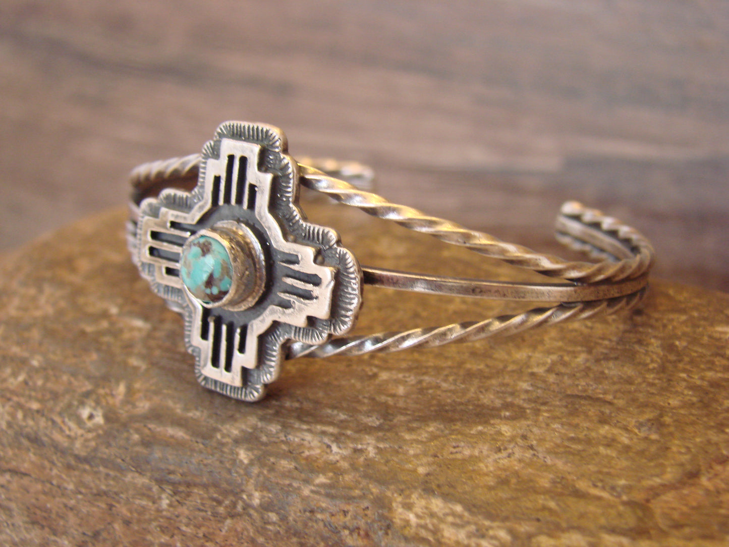 Native American Sterling Silver & Turquoise Zia Bracelet by Gordon