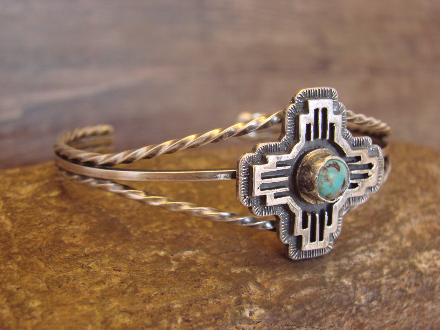 Native American Sterling Silver & Turquoise Zia Bracelet by Gordon